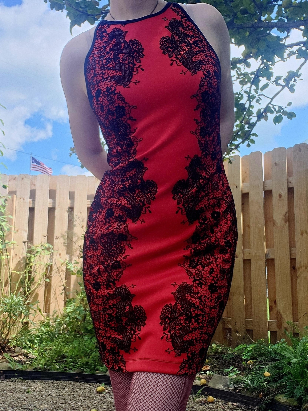 B Darlin Red Halter Bodycon Dress with Black Lace Overlay